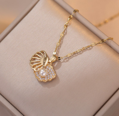 Titanium Seashell Pearl Pave CZ Gold Shell Pendant Chain