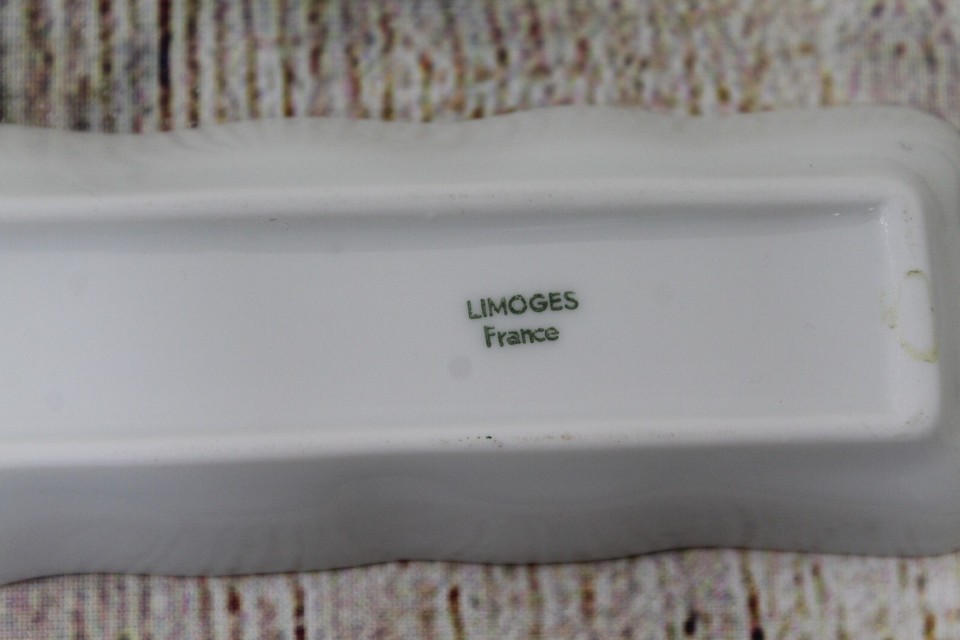 Limoges Porcelain Olive Dish Rectangle Rehausse Main Floral Pattern