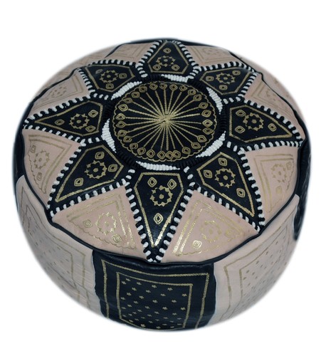 Pouf Moroccan Hassock  Pooff Leather Pouff Ottoman Footstool MED Beige Black - Picture 1 of 4
