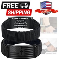 Mens Bracelet - American Flag Christian Cross Bracelet with Bible Verse, Adju...