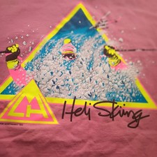Camiseta True Vintage XL 1980 Heli-Skiing Rosa Neón Estampado Puff Caja Heli-Ski