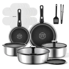 18pcs Tri-Ply Stainless Steel Cookware Set Pots and Pans Set Non Stick Detachabl
