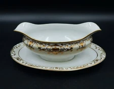 Noritake Christmas Ball Gravy Boat 175 Attached Under Plate 16034 Gold 9 Inch