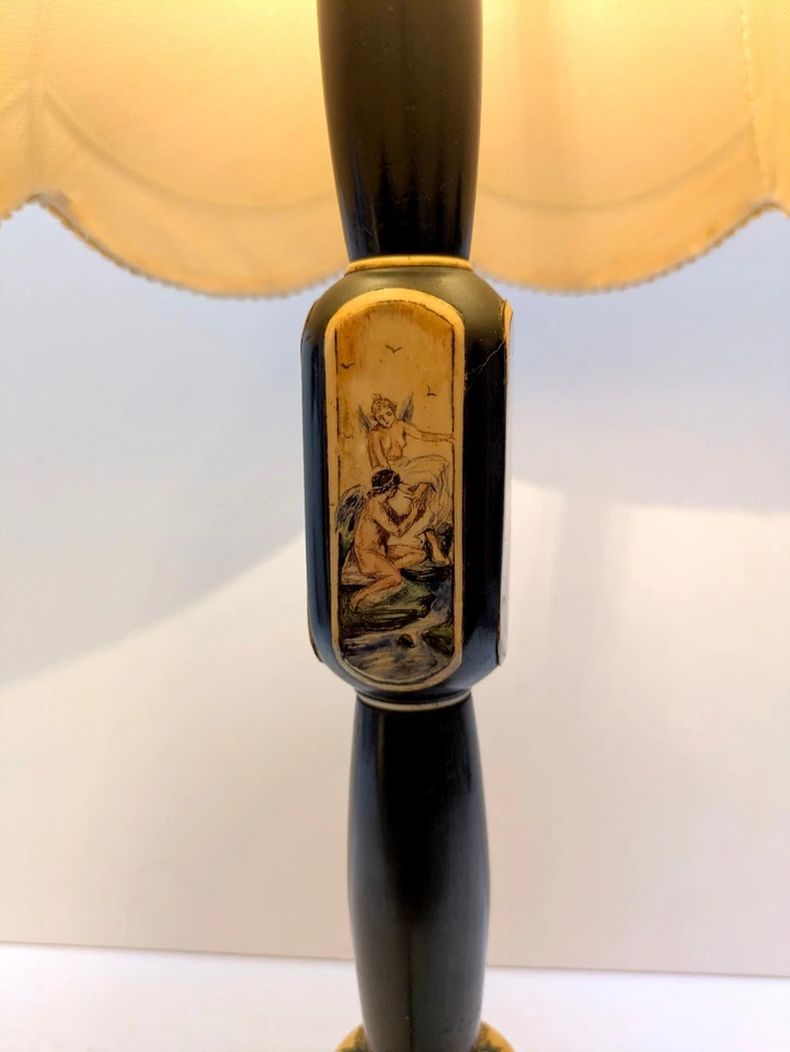 Tischlampe Holz Malerei LEUCHTE um 1900 ANTIK HANDBEMALT Engel FRAU Fluß STERNE - Bild 3 von 4