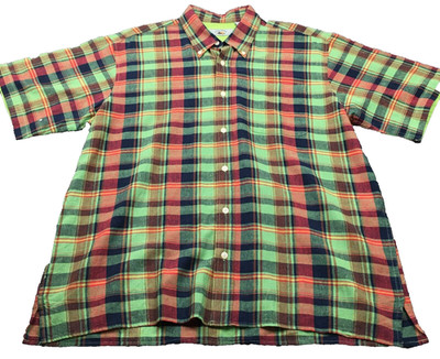 VTG Foliage Mens Linen Blend Shirt Sz L Colorful Plaid Button-Up Short Sleeve