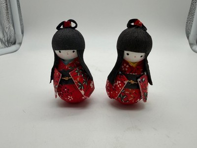 Vintage Japanese Pair of Okiagori Koboshi Washi Paper Mache Roly Poly Dolls