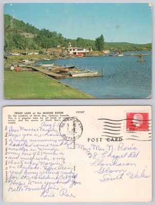 s25230 Trout Lake Marine Room North Bay Ontario Kanada Postkarte 1964 Stempel