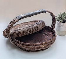 Vintage Chinese Rattan Handmade Shallow Storage Basket with Lid 31 cm diameter