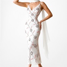 Vintage Pink Silk Floral Beaded Midi Bodycon Formal Cocktail Dress Size S