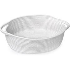 Small White Woven Storage Basket with Handles 13x9x5 Nursery Baby Organizer Bin