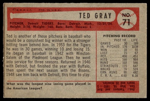 1954 Bowman Ted Gray Detroit Tigers #71 A1 - Picture 2 of 2