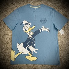 Adult XL DONALD DUCK T-SHIRT blue henley neck cotton tee Disney mens/unisex NWT