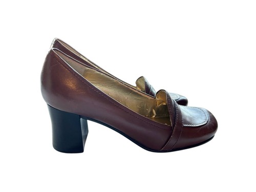 Size 6.5 Brown Genuine Leather Nine West Shoes Chunky Block Heel Loafer Shoes - Picture 3 of 5