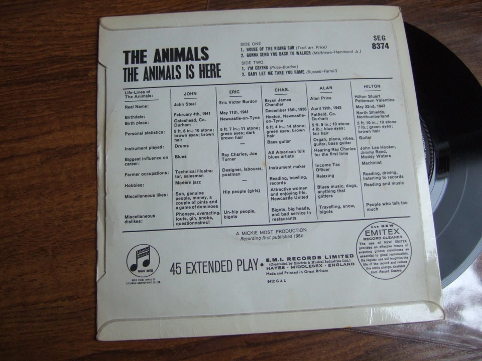 THE ANIMALS - THE ANIMALS IS HERE - 7" EP COLUMBIA SEG 8374 / 1964 EX / EX+ Foto 4 de 4
