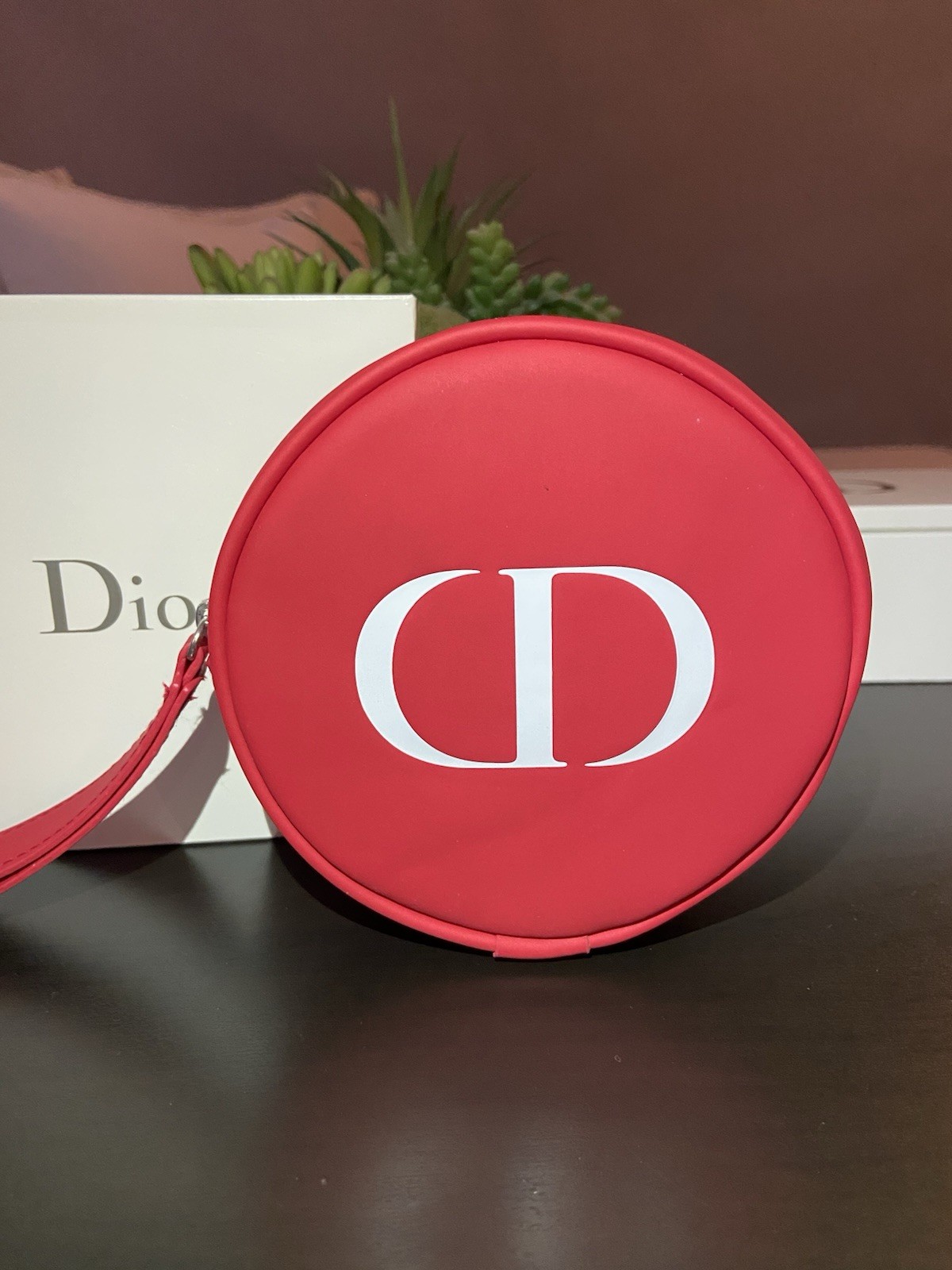 Dior Vintage Red Round Cosmetic Pouch With Handle Preowned Beauty Case-image