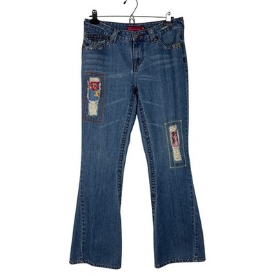Vintage Y2K Flare Low Rise Jeans Patchwork Distressed 9 rigid denim flap pockets