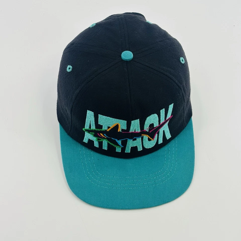 Vintage 1990's GREG NORMAN "Shark Attack" Golf SnapBack Hat Cap Black Blue - Image 2 of 4