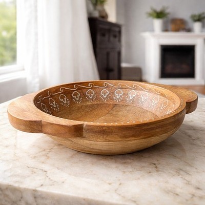 Mango Wood Serving Bowl w/ Handles Painted Rim Rustic Farmhouse Fruit Bread Bowl