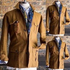 Linen Kahki Men's Safari Jacket Wedding Summer Casual Outdoor Hunting Coat 2pcs