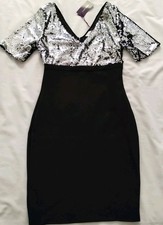 NWT WOMEN JUNIORS LASCANA BLACK SILVER SEQUIN FITTED STRETCH FORMAL DRESS XS