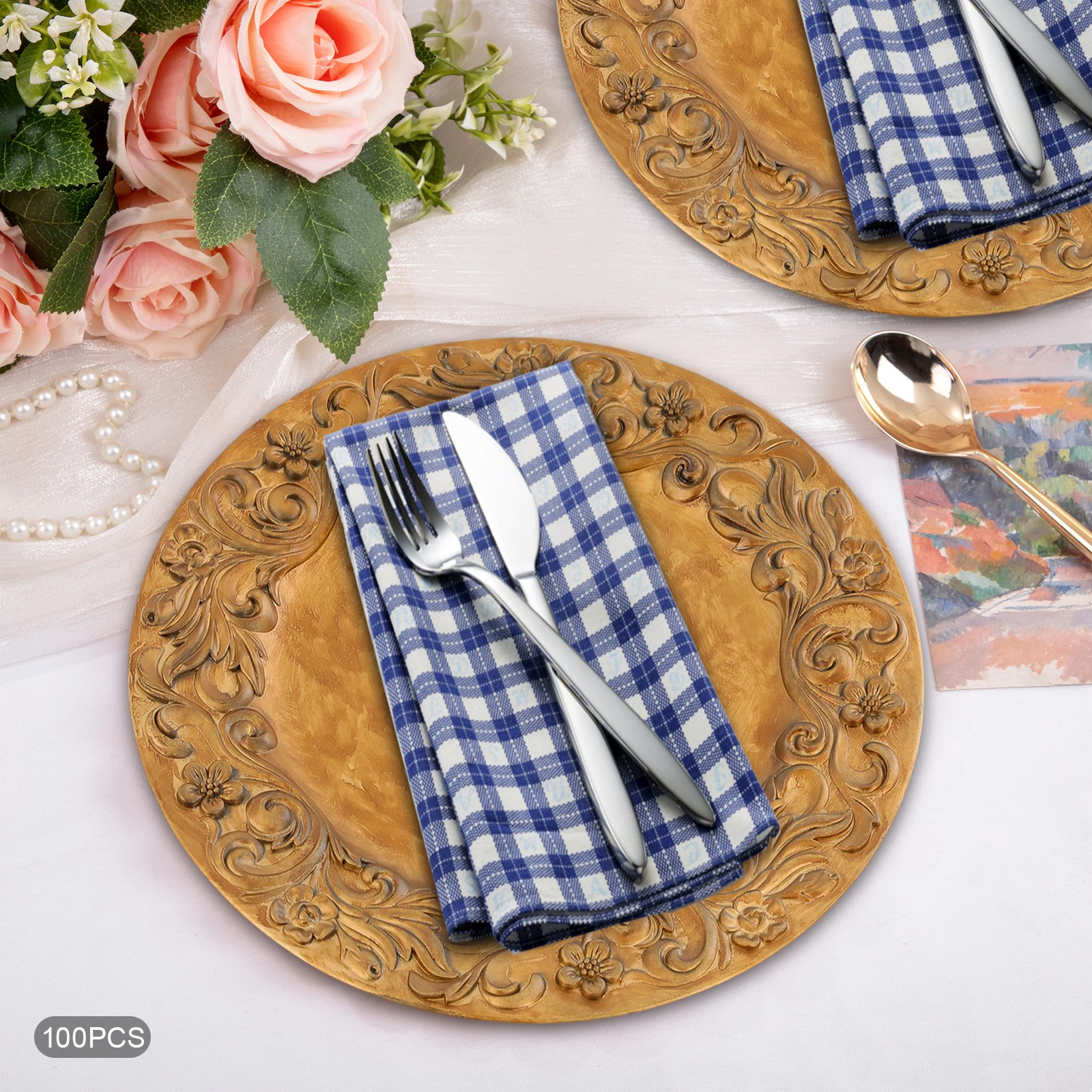 100 Pcs Antique Charger Plates Plastic Dinner Plate Decorative Chargers Gold