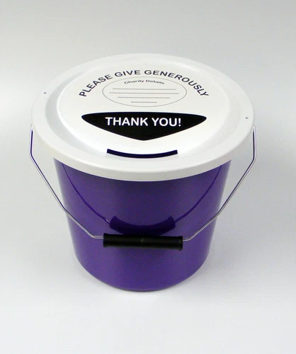 3 Charity Fundraising Money Collection Buckets With Lids, Labels&Ties - Purple