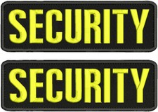 SECURITY 2 EMBROIDERY PATCHES 3X10 HOOK ON BACK YELLOW ON BLACK
