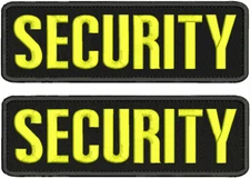 SECURITY 2 EMBROIDERY PATCHES 3X9 HOOK ON BACK YELLOW ON BLACK