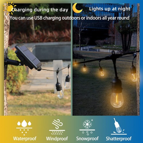 15M-150M Solar LED Festoon String Lights S14 Bulbs Wedding Party Outdoor Patio - Picture 2 of 15