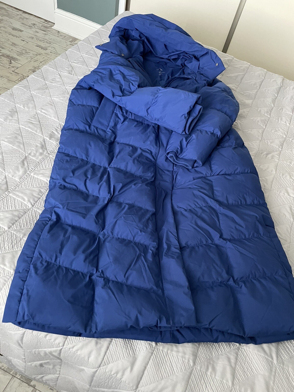 M&S Longline Quilted Coat Size 16 Blue. Hooded Feather&Down Insulated. Preowned eBay