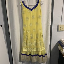 Yellow Anarkali / Churidar/ Salwar Kameez Top with Floral print and blue detail.