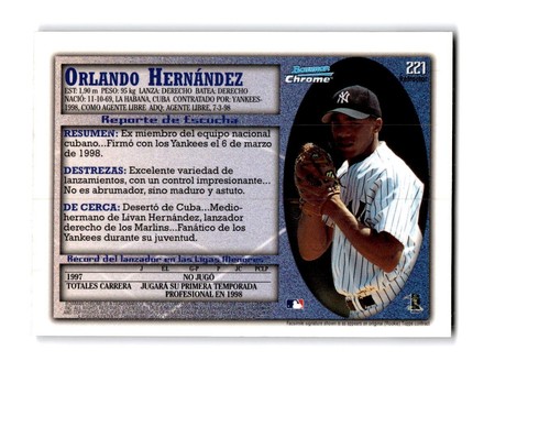 1998 Bowman Chrome ORLANDO HERNANDEZ International Refractors #221 - Picture 2 of 2