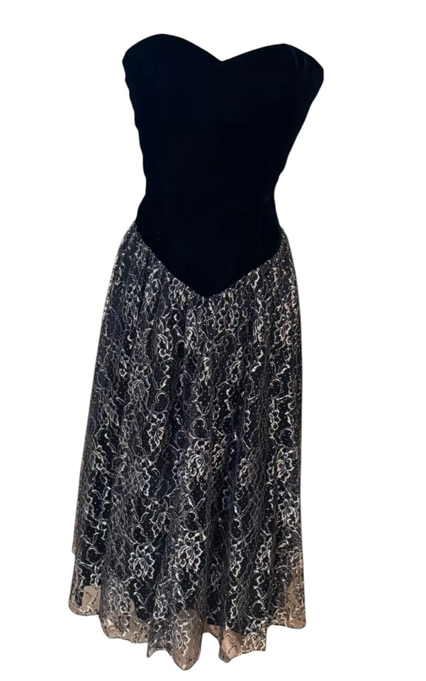 VTG Jessica Howard Dress Sz 8 Black/Gold Velvet Strapless Gold Lace Whimsigoth - Image 2 of 4