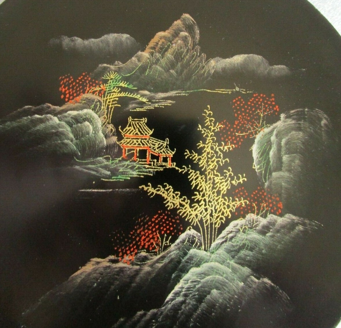 MCM Era CHINESE Handy Craft Black Lacquer Plate Pagoda