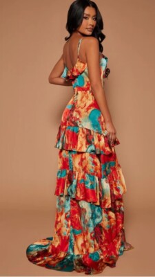 Fashion Nova Luxe Clara Teal Orange Ruffle Dress Front Slit Lined Sz M | eBay Fashion Nova Luxe Clara Teal Orange Ruffle Dress Front Slit Lined Sz M | eBay