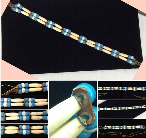 Vintage Native American Bone Blue Glass Bead Leather Choker Necklace - Picture 3 of 12