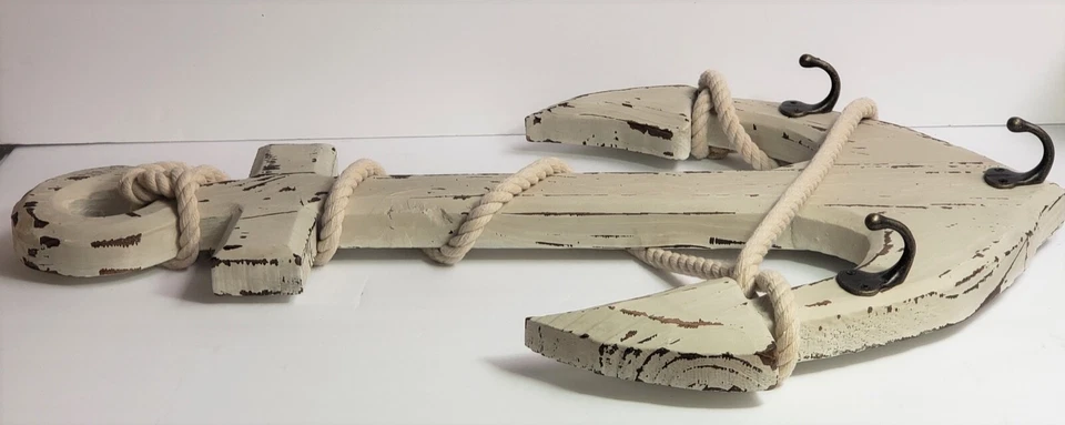 Anclaje de cuerda de madera de 24" 3 ganchos de hierro montaje en pared decoración náutica de cabina para el hogar Foto 3 de 3