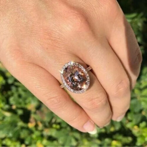 4Ct Oval Cut Simulated Morganite Halo Wedding Ring 14K Rose Gold Plated ...