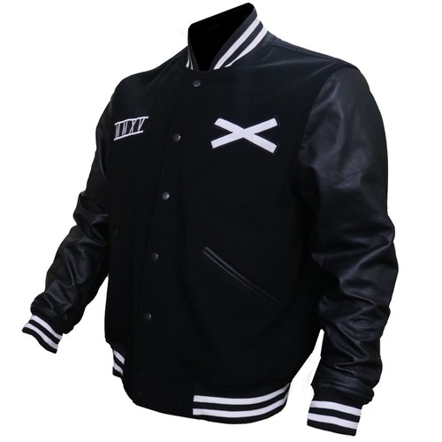 Men's The Weeknd XO Bomber Jacket Black Wool Faux leather Sleeves Varsity Jacket - Picture 3 of 5