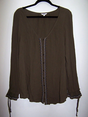 SO Deep Green Long Sleeve V-Neck Button Front Boho Shirt, Embroidery Trim Size L