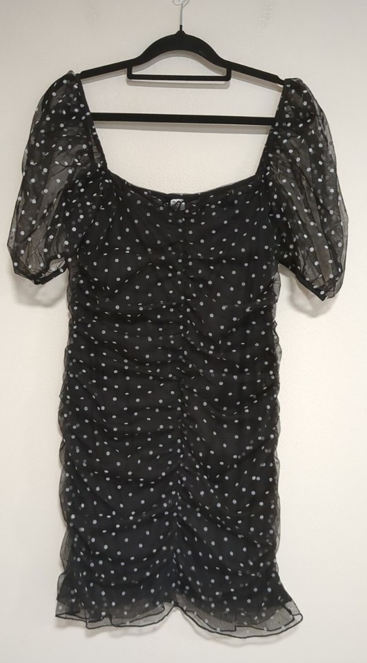 H&M Polka Dot Mini Bodycon Dress 80's Inspired Party Fun Puff Sleeve Chiffon 14