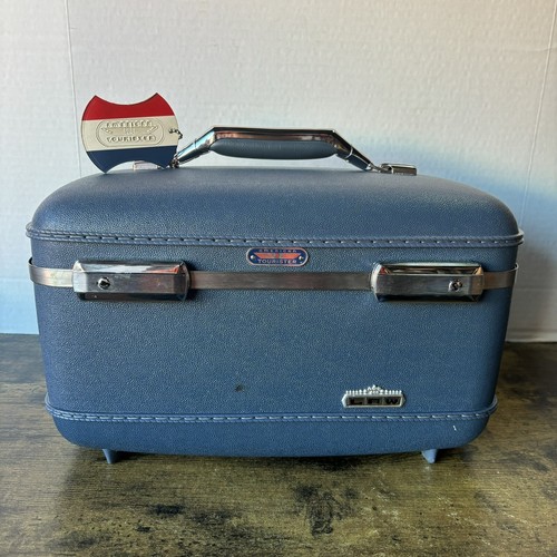 Vtg American Tourister Tiara Train Case Blue Makeup Carry On Luggage W Box EUC - Picture 12 of 19