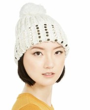 DKNY Ivory and Gold Flat-Stud Metallic Rib-Knit Beanie, One size