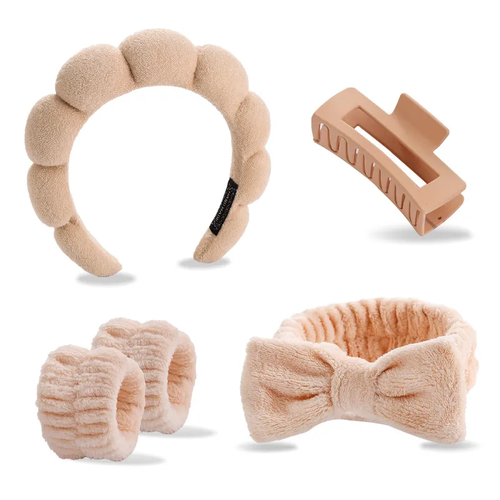5 Piece Pack Spa Headband Unisex Beige Set Headband for Washing Face and Makeup