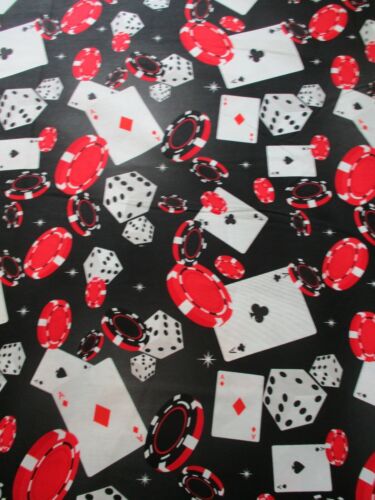 DECK OF CARDS POKER CHIPS DICE PLAYING CARD SUITS GAMES BLACK COTTON FABRIC FQ - Picture 1 of 7