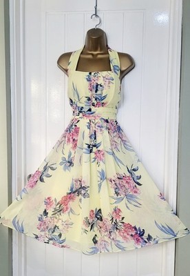 Debut Gr. 8 hell geblümt gelb Chiffon Sommer Urlaub Anlass Kleid sehr guter Zustand