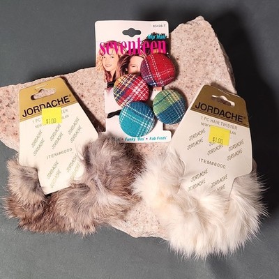 90s/Y2K!-2 (Two) Jordache Faux Fur Hair Twisters & Seventeen Plaid Hair Ties Lot