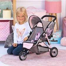 Bayer Design Dolls Twin 3 Wheel Jogger, Grey, Pink