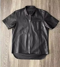 Men's Real Lambskin Leather Black Shirt-Front Zip Up  Short Sleeves Biker Shirt