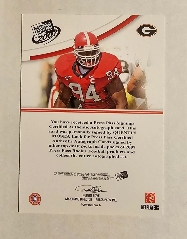 2007 Press Pass QUENTIN MOSES #NNO Autographs Bronze Rookie RC Auto - Bulldogs - Image 2 of 2
